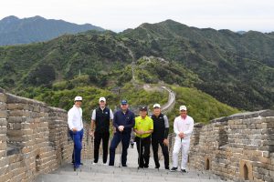 Zhang Lianwei, Wu Ashun, Li Haotong, Thorbjorn Olesen, Chris Wood and Thomas Bjorn make a celebratory start at the Great Wall of China on 25 April in advance of the Volvo China Open at Topwin Golf and Country Club, Beijing, China. Mandatory credit: Richard Castka/Sportpixgolf.com